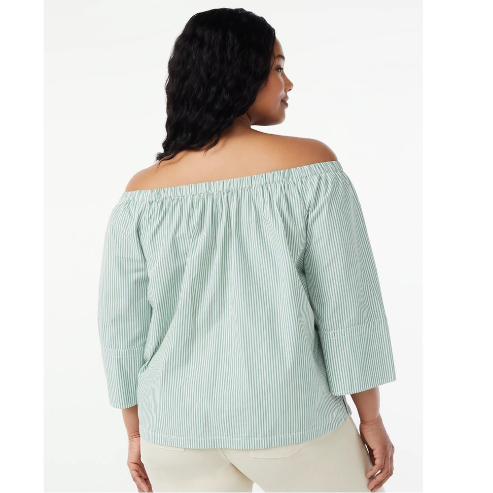 Free Assembly Elasticated Top Off Shoulder ¾-Sleeve Green & White Stripe Small - Picture 4 of 10